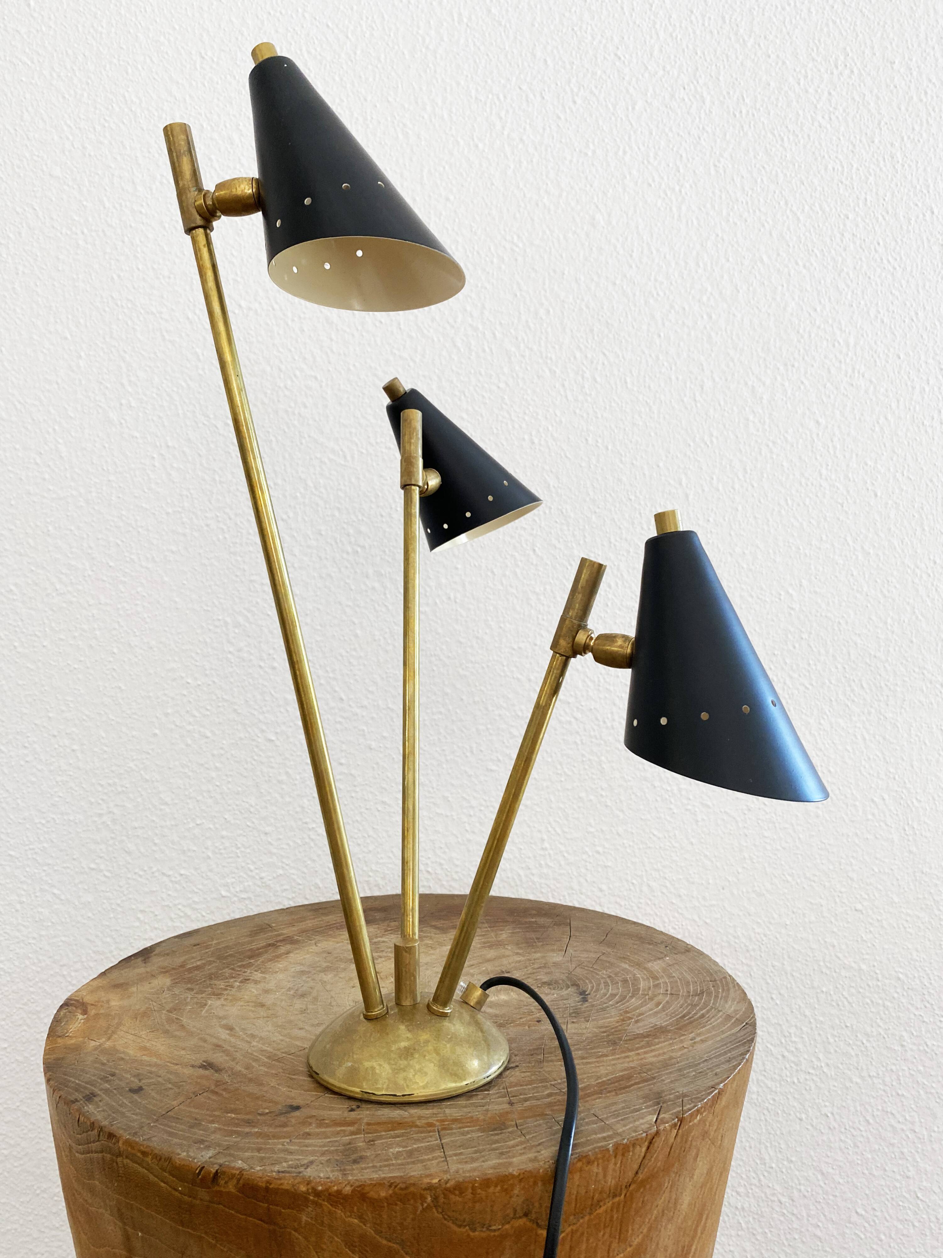 Italian three-headed brass lamp, 50s design