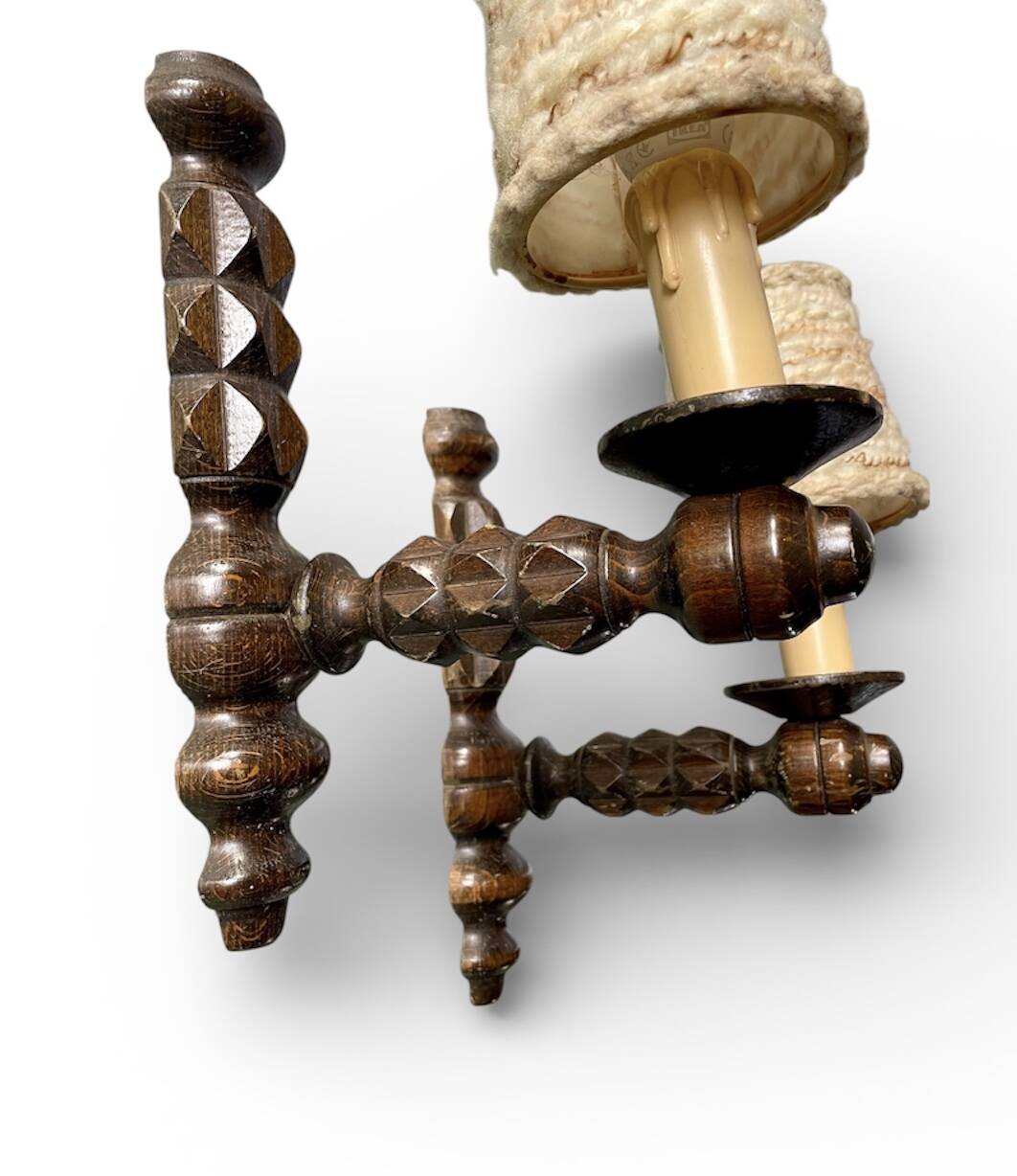 Pair of turned wooden wall lights, France 1940