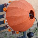 Suspension lampshade dome orange jute, brown pompoms, seventies