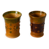 Paire de gobelets en céramique / poterie jaune et vert, vintage, 1970