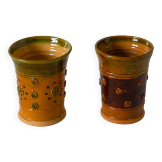 Paire de gobelets en céramique / poterie jaune et vert, vintage, 1970