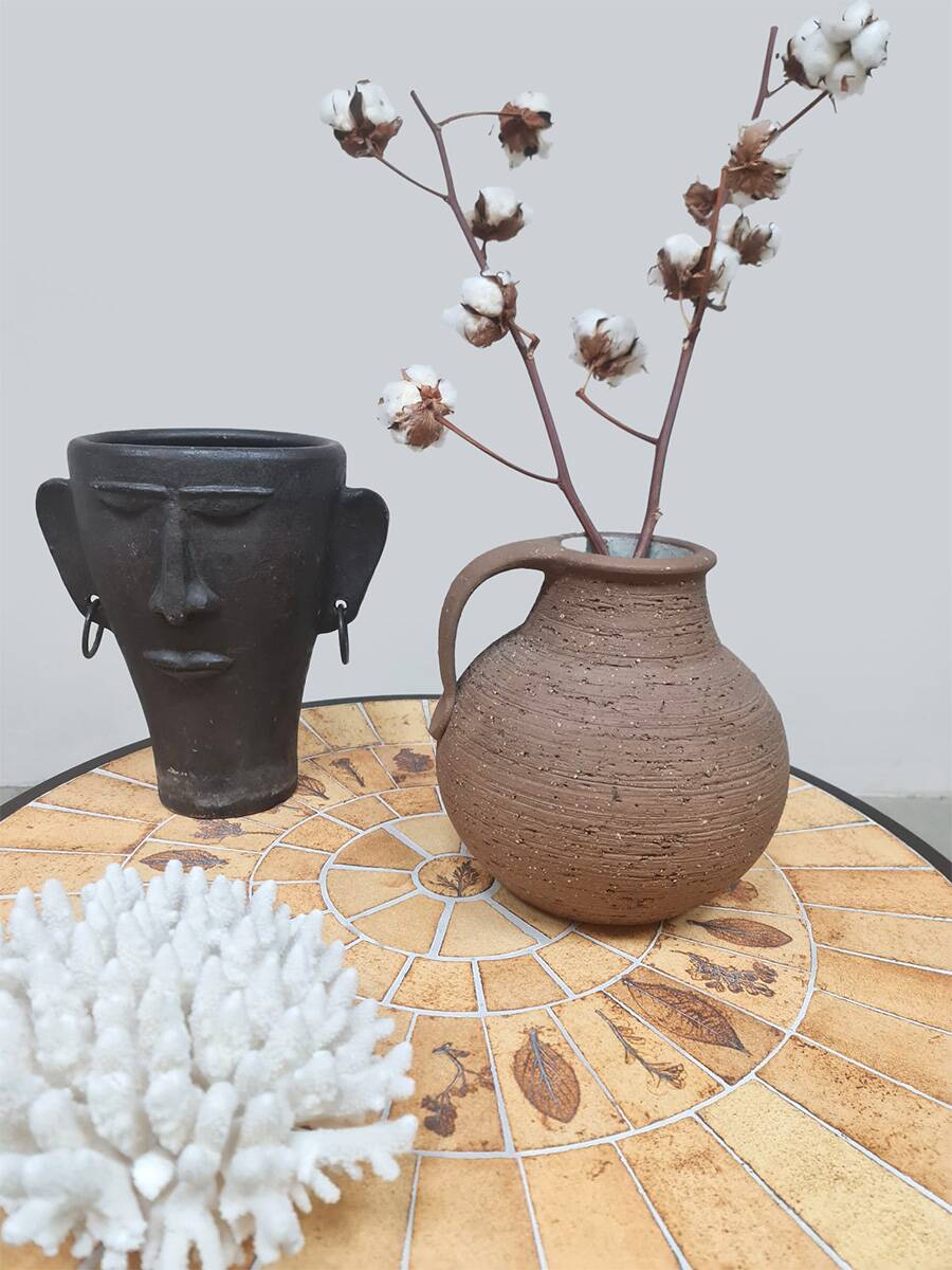 Vintage round ceramic herbarium coffee table Roger Capron