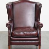 Bordeaux Red Cowhide Leather Wingback Chair in English Style
