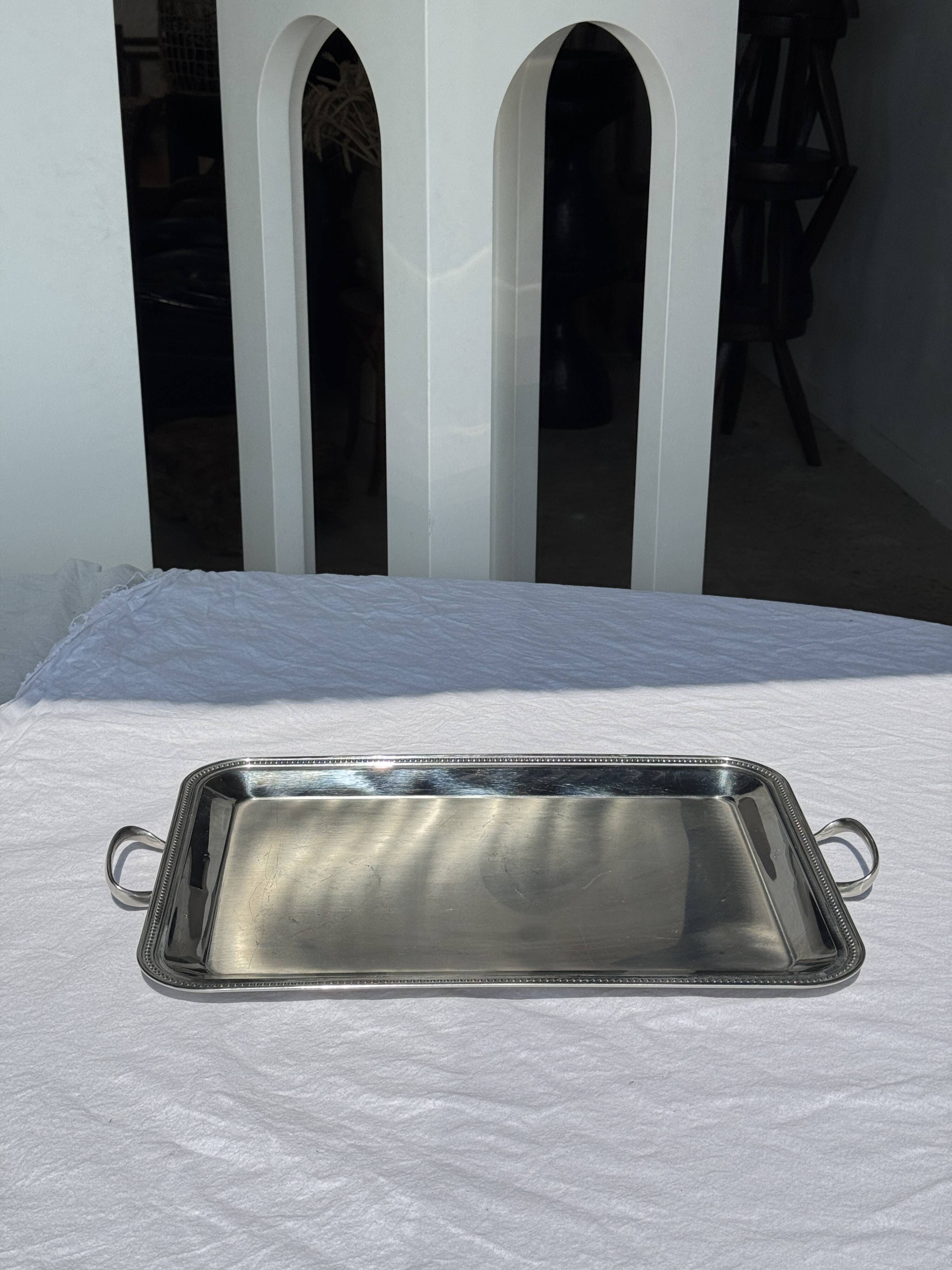 Classic silver tray with pearl stripe frieze