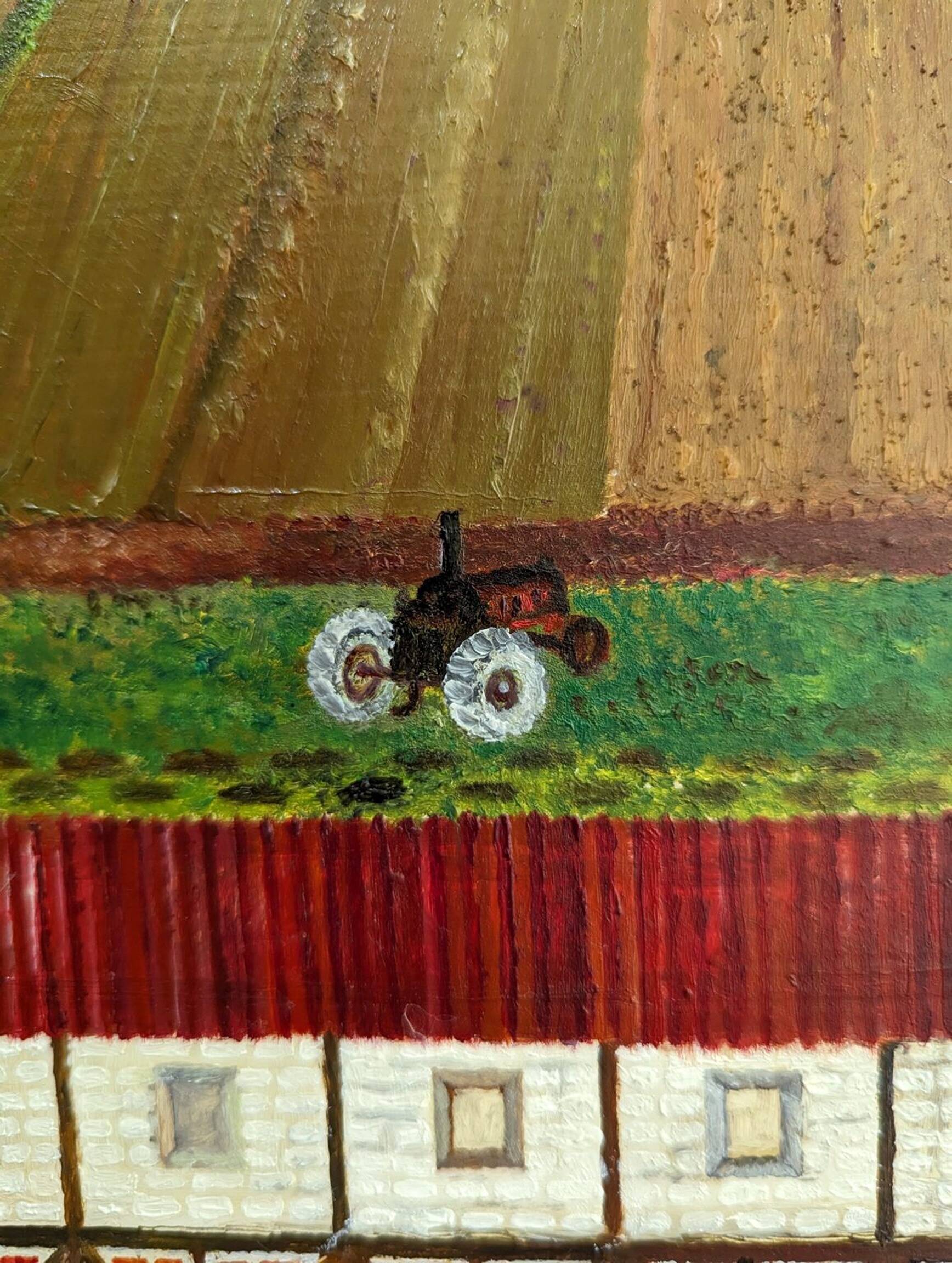 Mid-Century Modern "The Working Farm" Vintage Naïve Style Landscape Oil Painting, Framed