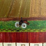 Mid-Century Modern "The Working Farm" Vintage Naïve Style Landscape Oil Painting, Framed