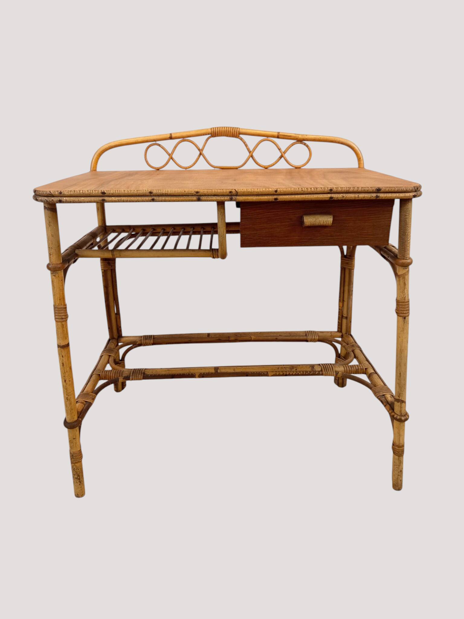 Vintage rattan and bamboo desk or dressing table (81x47 cm) – Riviera style,