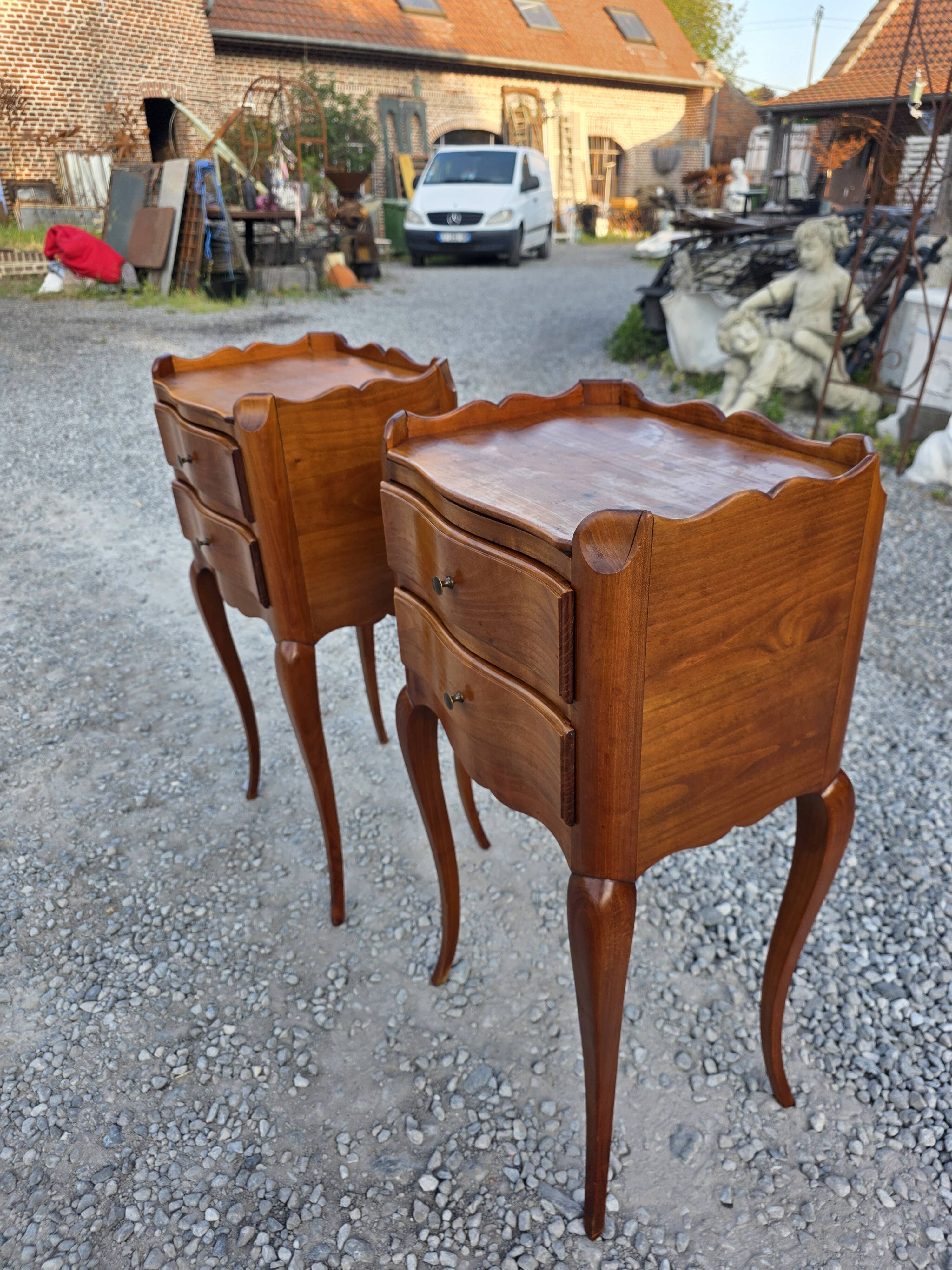 Pair of Louis XV style bedside tables in solid cherry wood.