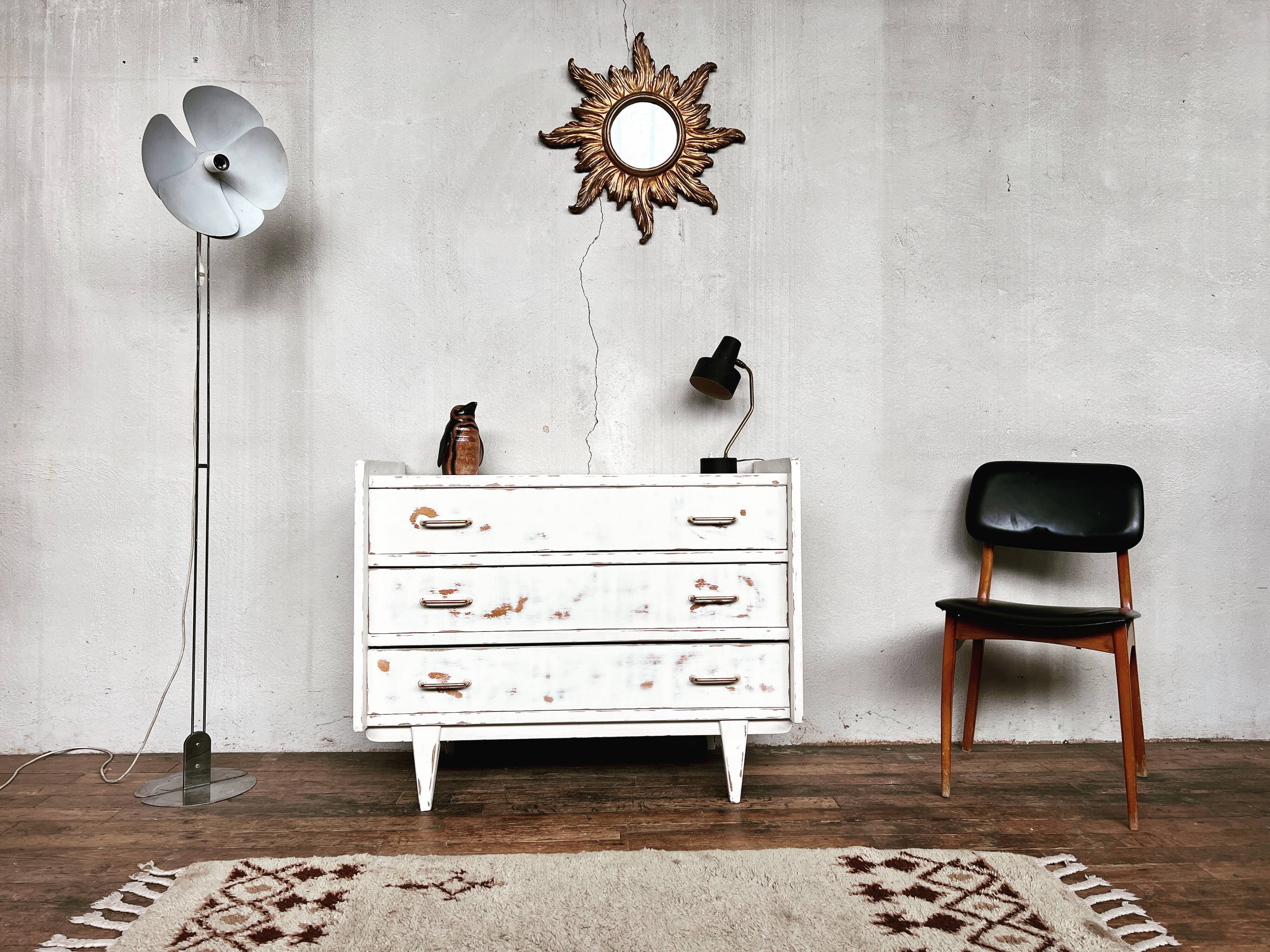 White patinated chest of drawers vintage feet compass