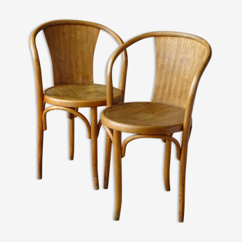 Pair of bistrot wood-curved armchairs fischel n ° 15 e 1930