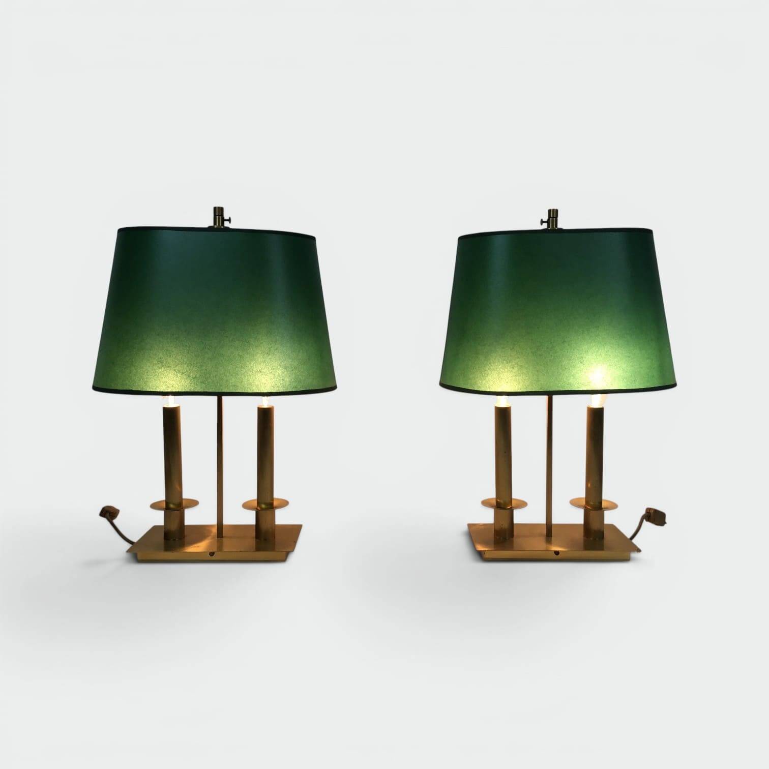 Pair of Two-Light Table Lamps in Brass with Green Shades. Work F