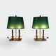 Pair of Two-Light Table Lamps in Brass with Green Shades. Work F