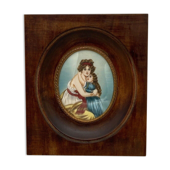 Miniature hand-painted by jane mother with her child 1900 wooden frame