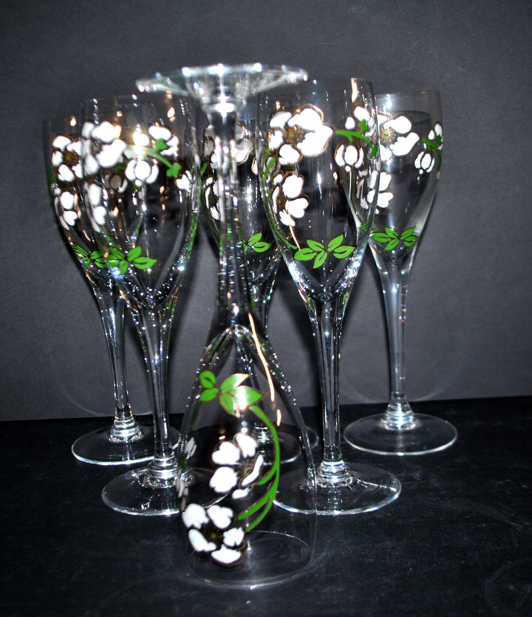 Perrier Jouet set of 6 Anemone Cuvée Belle Epoque champagne flutes in Gallé enamelled crystal