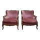 Paire de fauteuils - bergères de style Louis XV en velours rose