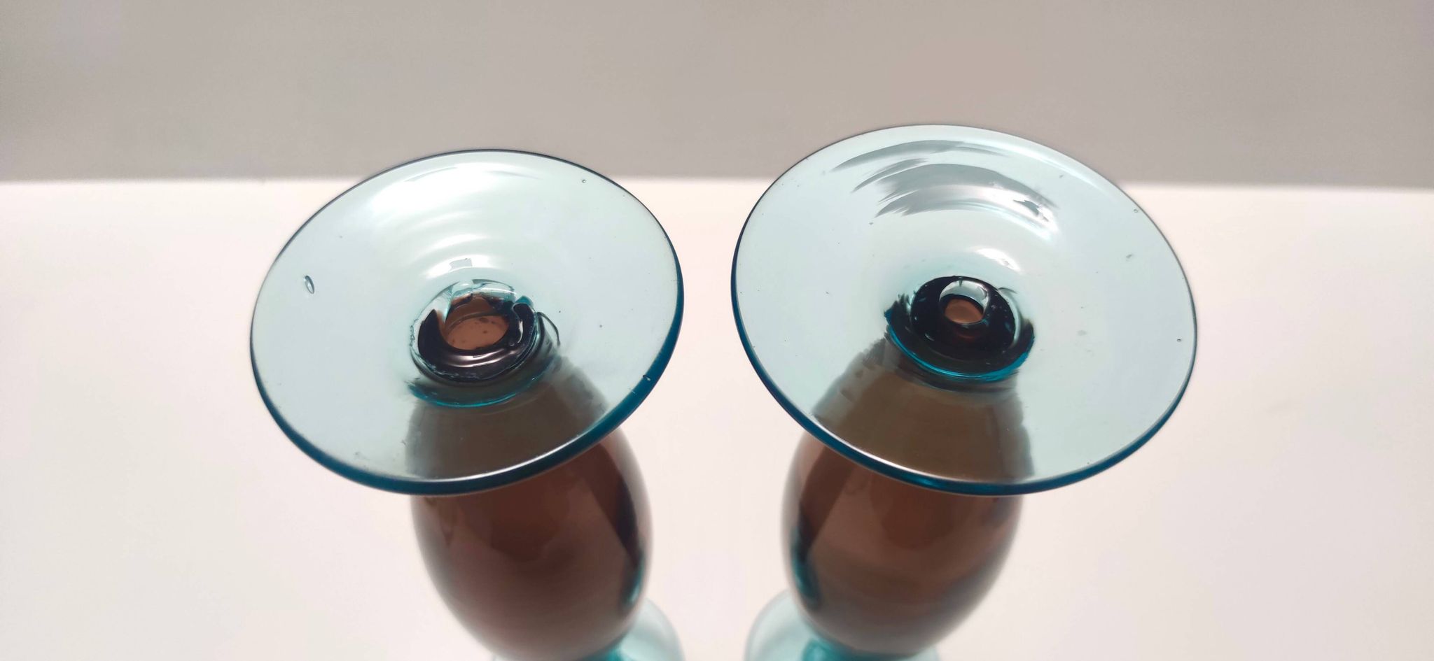 Pair of Brown and Aquamarine Murano Glass Candleholders, Italy