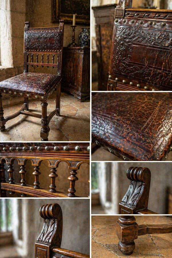 Chaise ancienne style Henri II chêne massif cuir