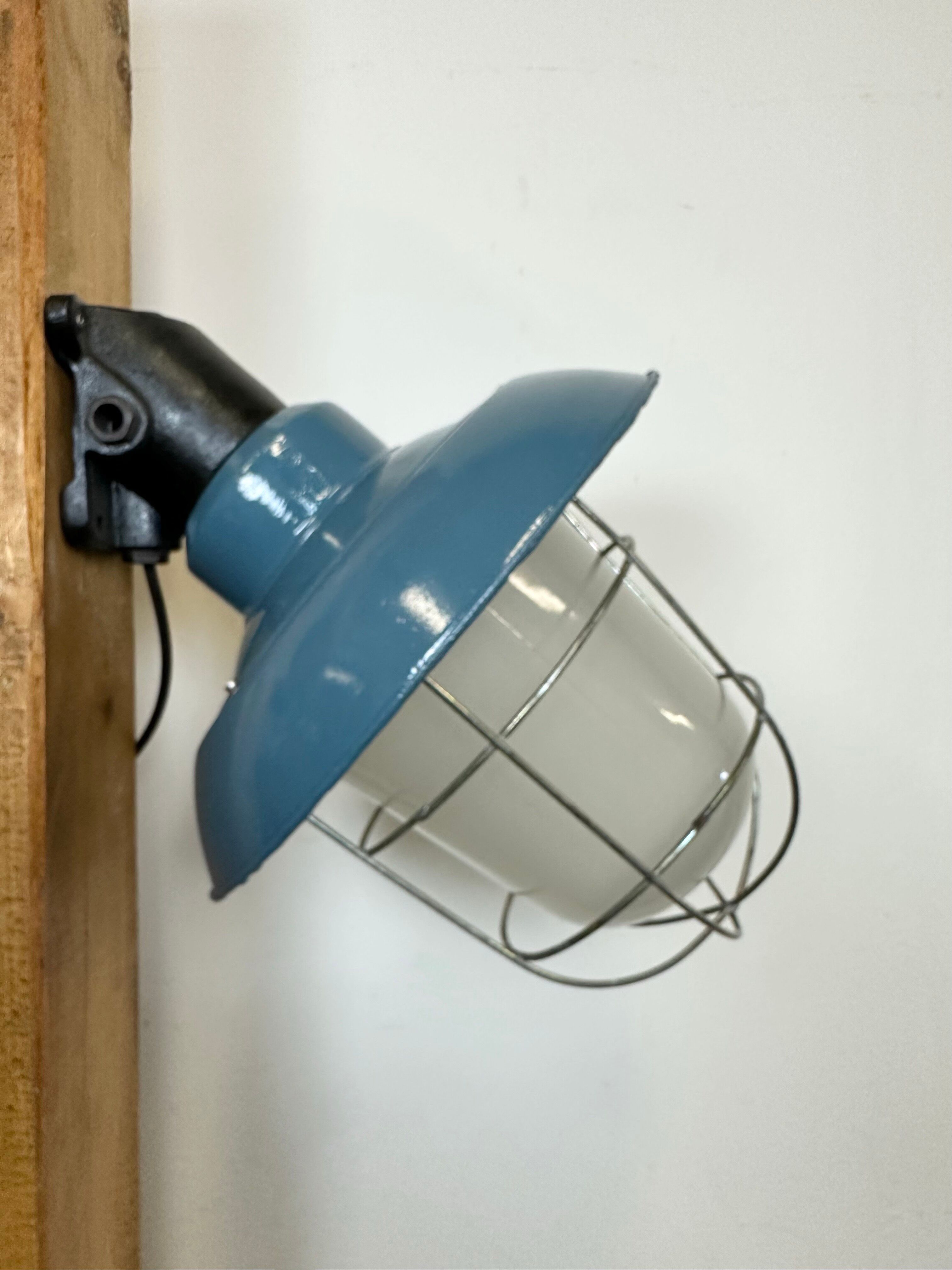 Industrial Blue Painted Factory Wall Cage Lamp from Elektrosvit, 1960s