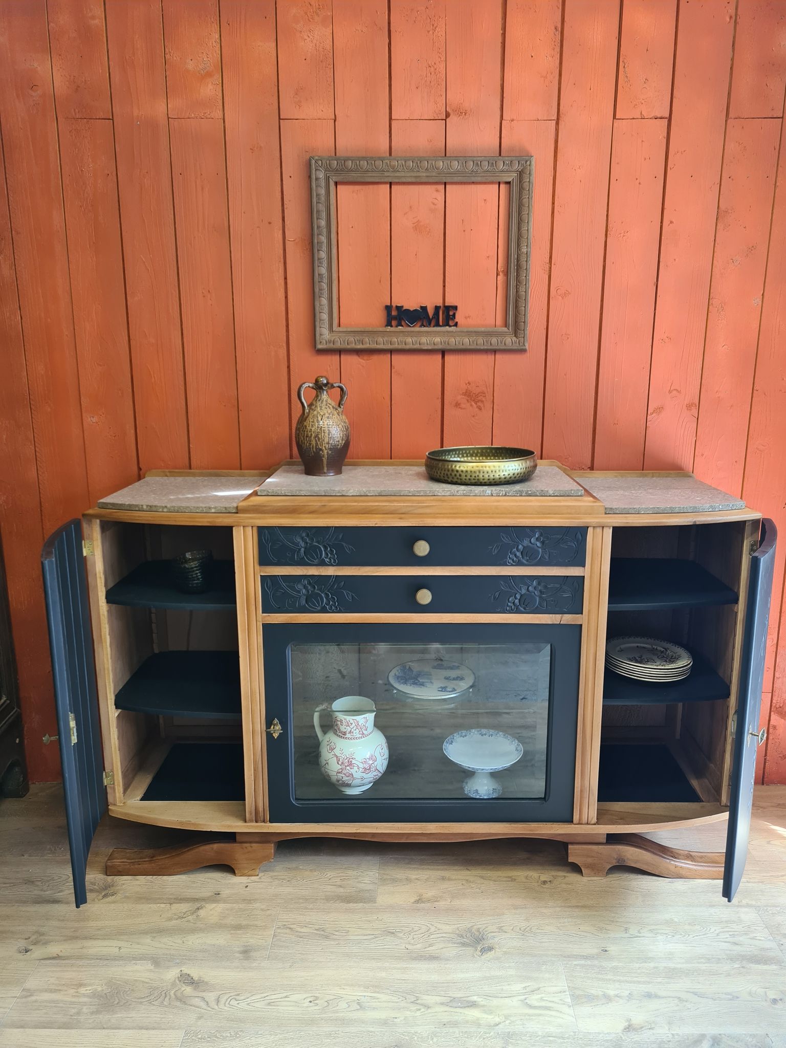 Renovated art deco walnut sideboard with beveled glass door and marble tops