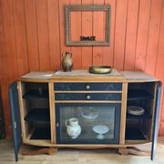 Renovated art deco walnut sideboard with beveled glass door and marble tops