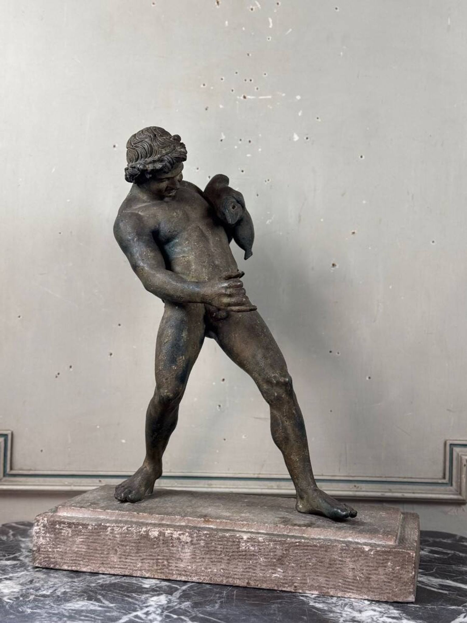 Faun with a Wineskin, Large Bronze Patina Excavated, Object from the Grand Tour, 19th Century