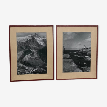 Duo of black and white silver photographs of the Alps and Brittany