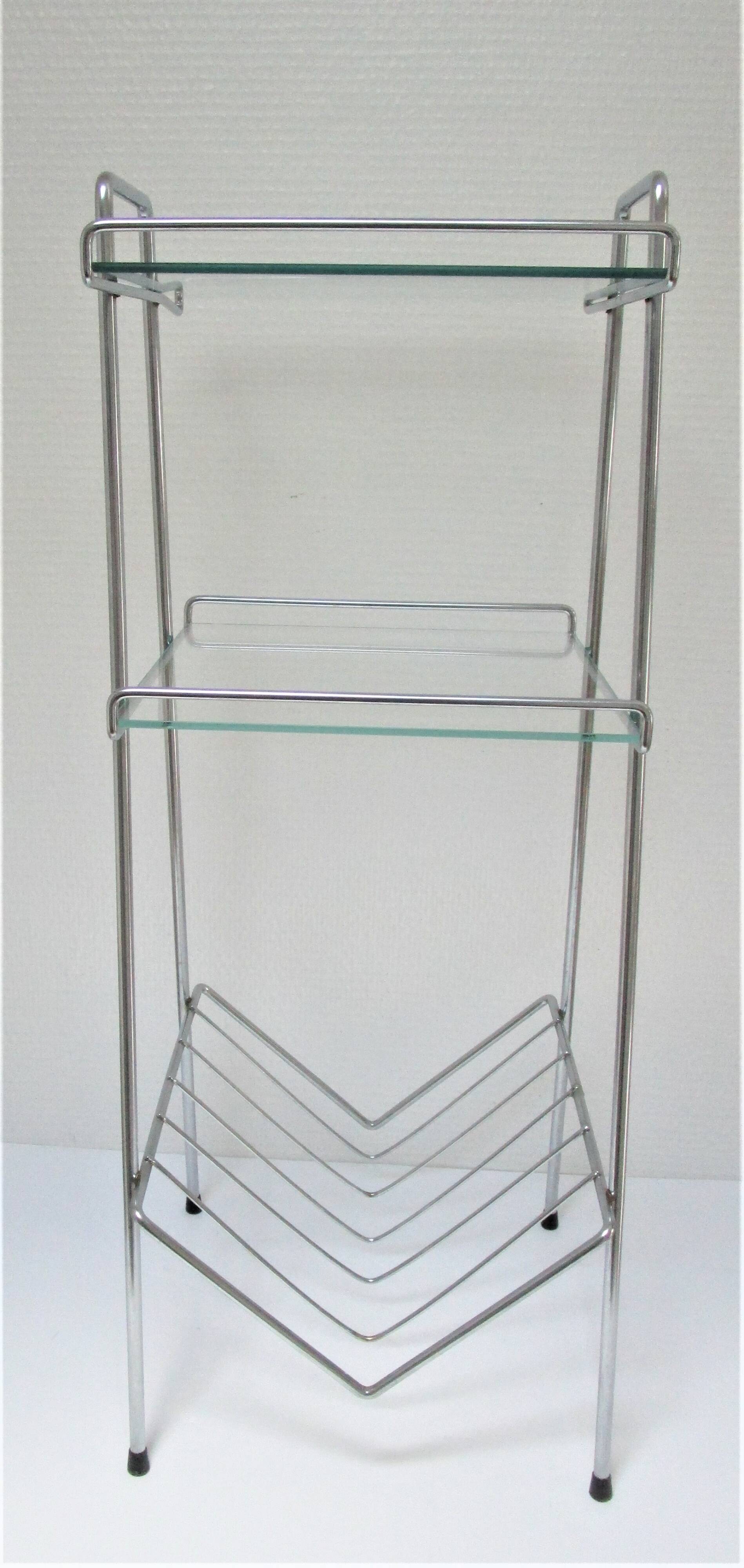 Chrome metal glass saddle shelf magazine rack 70s