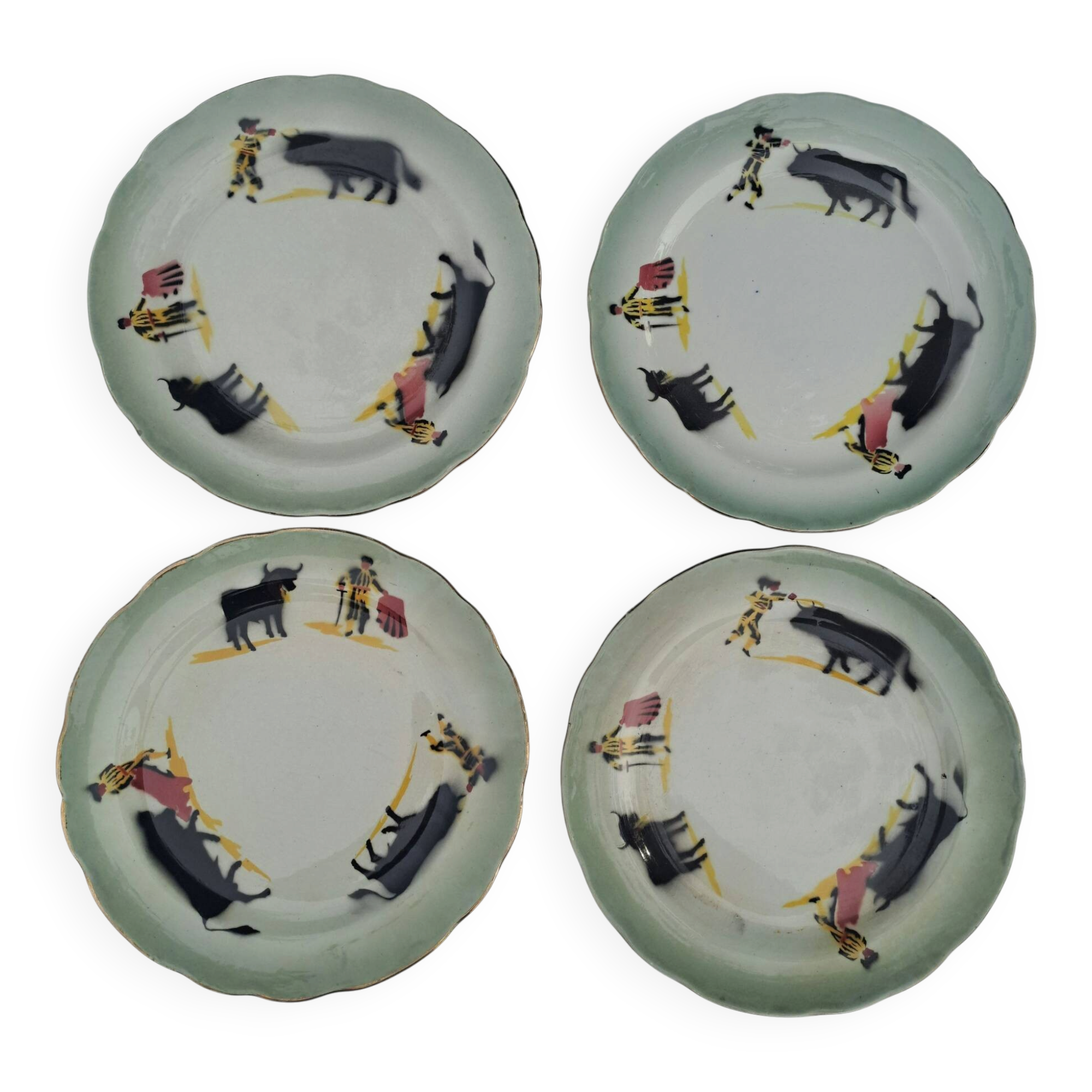 4 assiettes à dessert tauromachie Choisy Le Roy en terre de fer