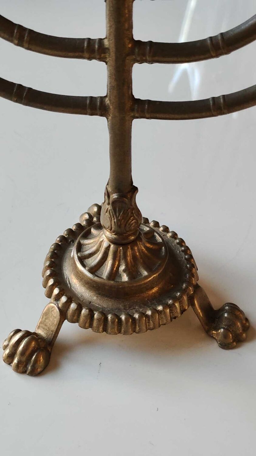Ancient Menorah of Jerusalem/Jewish Candlestick with 7 tripod branches. Star David. In gilded bronze