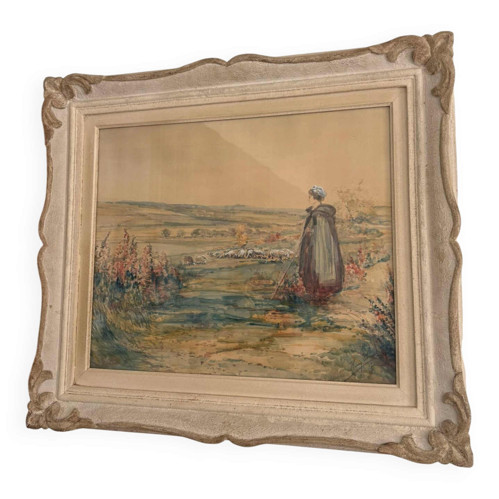 Old Watercolour Painting Shepherdess with Sheep Landscape Henry Charles