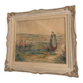 Old Watercolour Painting Shepherdess with Sheep Landscape Henry Charles