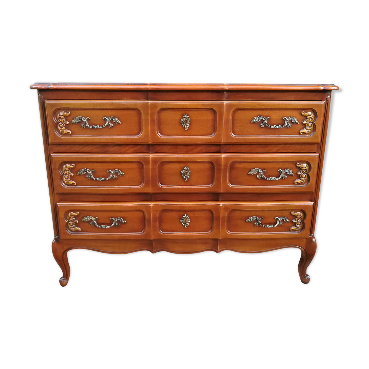 Louis XV style crossbow chest of drawers in cherry wood