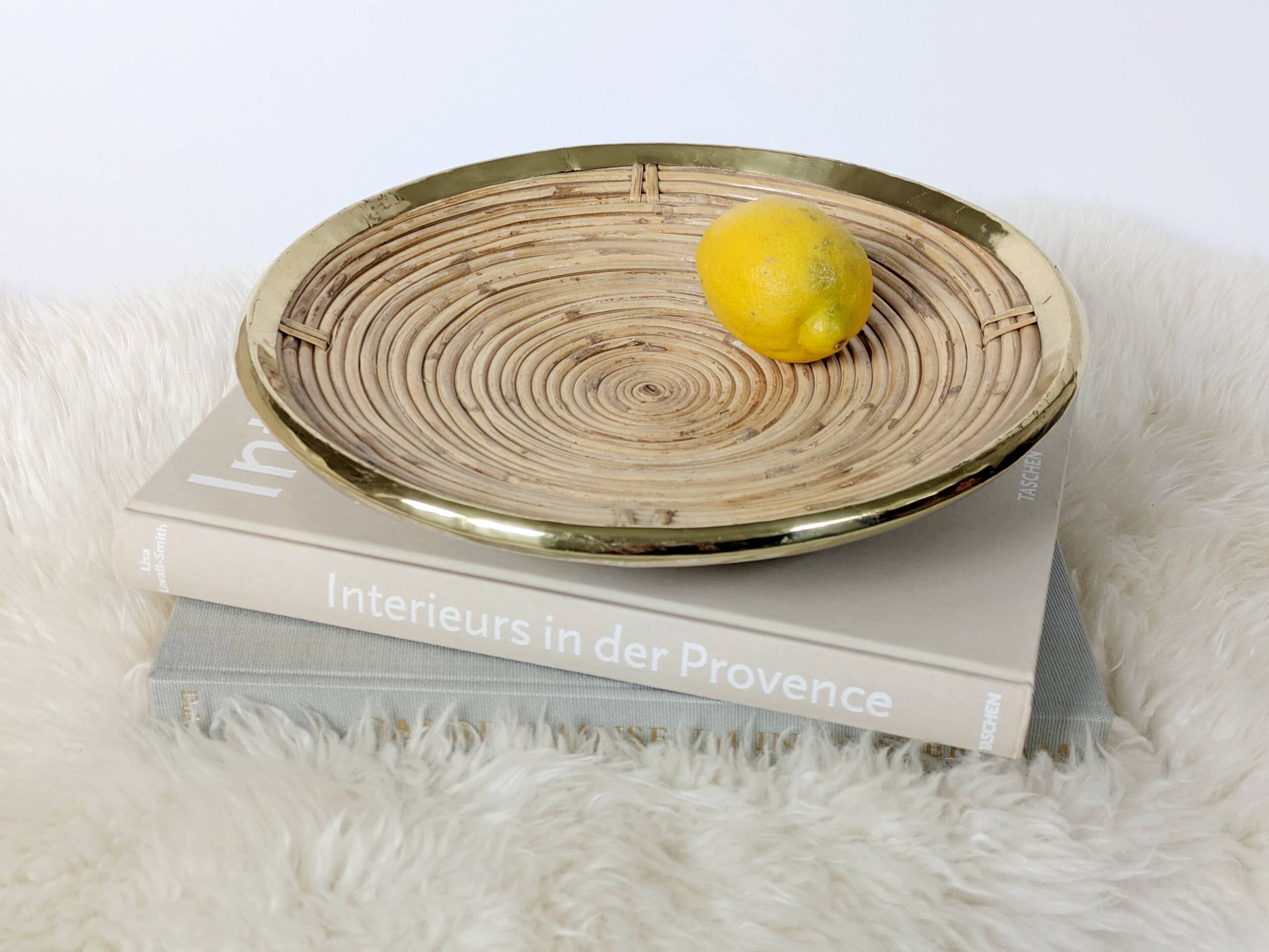 Round rattan and brass bowl, Italy 1970s, Gabriella Crespi style