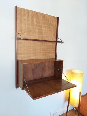 Vintage wooden desk with wicker bottom, Netherlands