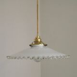 Vintage French White Opaline Glass Pendant Light Clear Glass Edge 5407