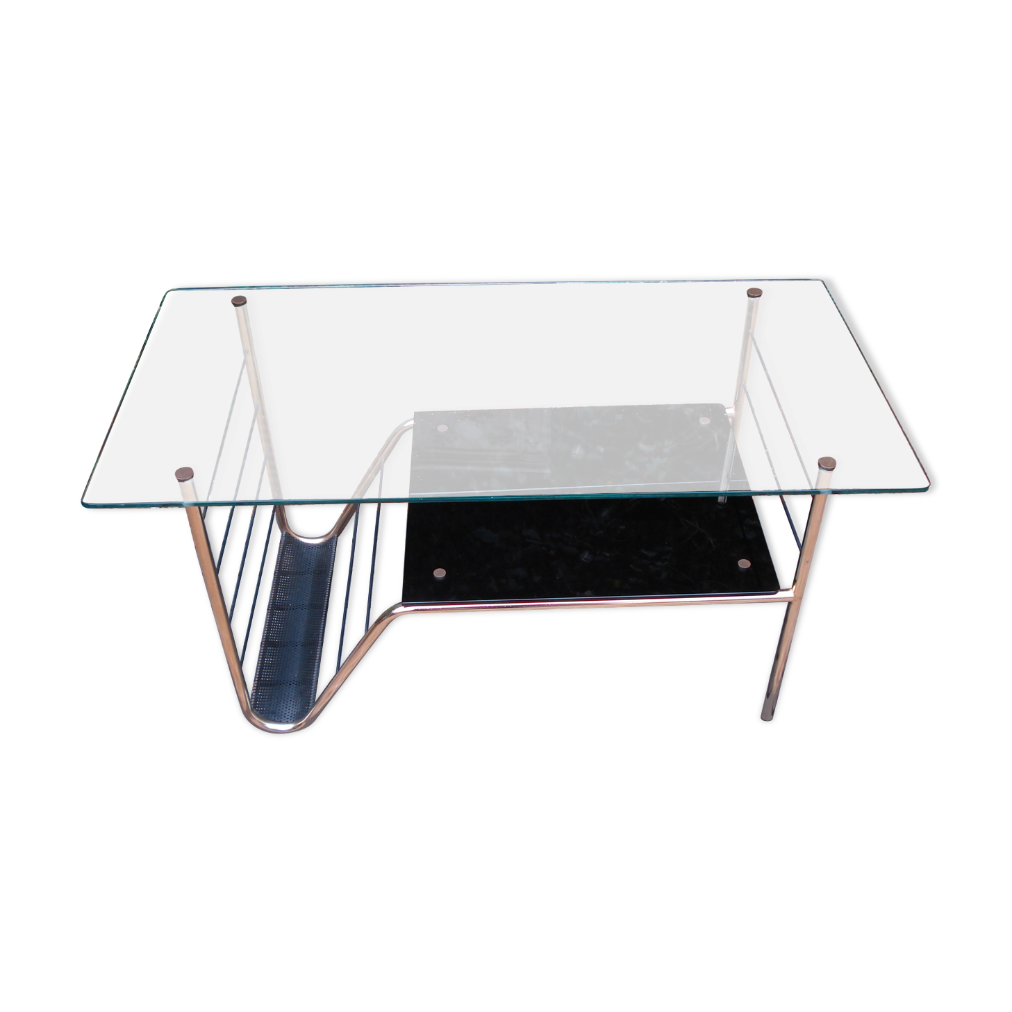 Table basse vintage double plateau verre et structure en métal doré