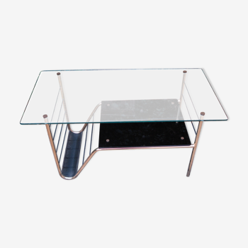 Table basse vintage double plateau verre et structure en métal doré