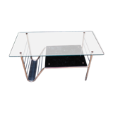 Table basse vintage double plateau verre et structure en métal doré