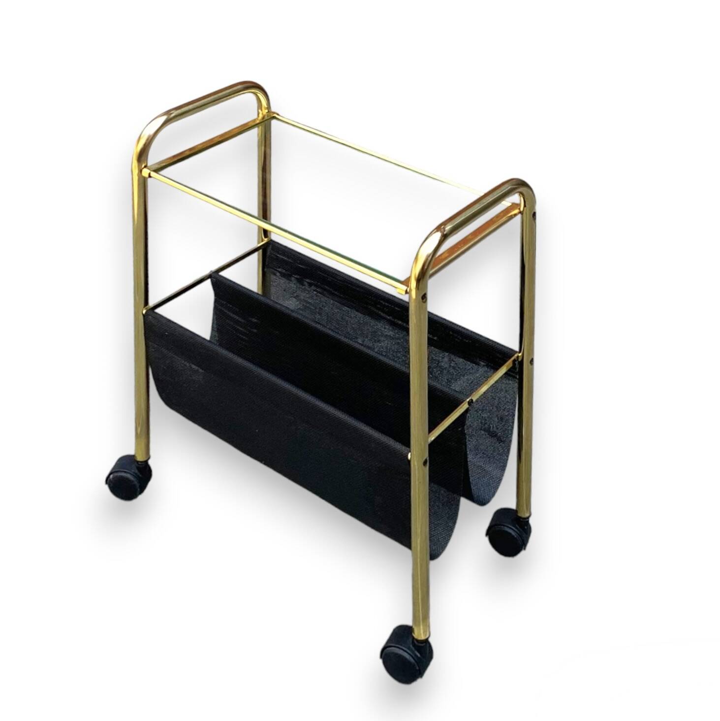 Magazine rack, saddle on vintage wheels