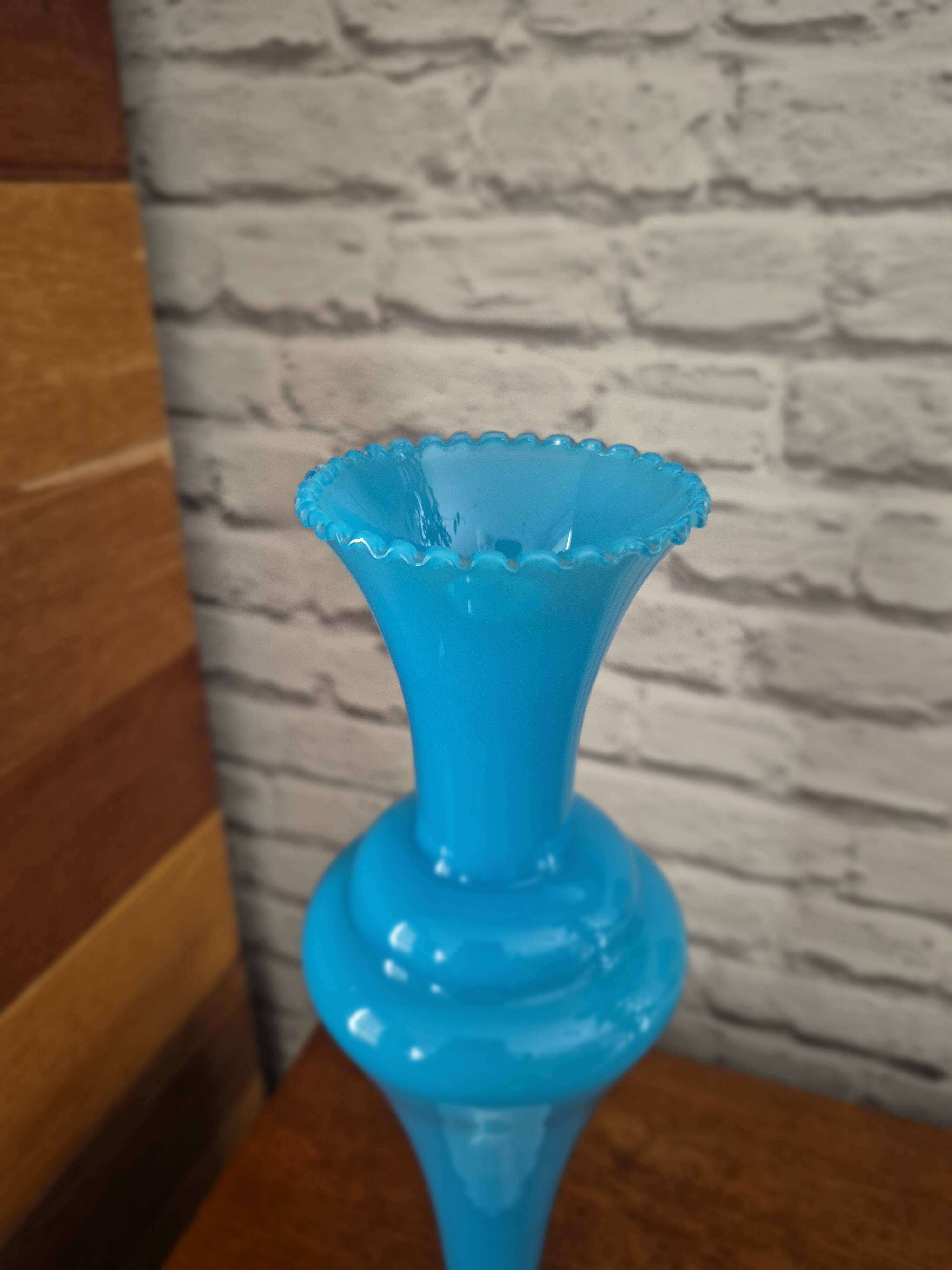 Large vintage blue and white opaline vase