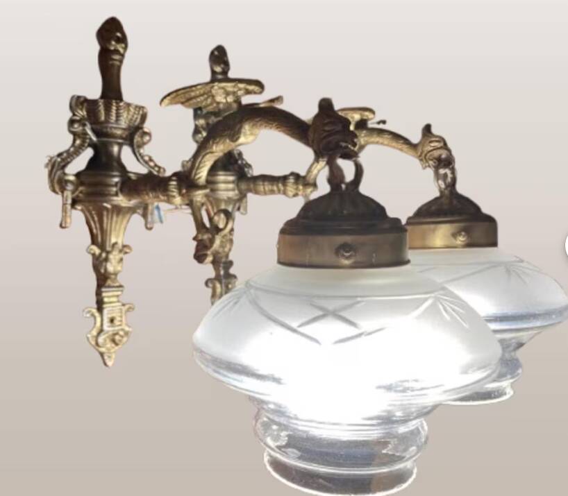 Set of 2 Empire style vintage wall sconces in the shape of a dragon from 1940-1950.