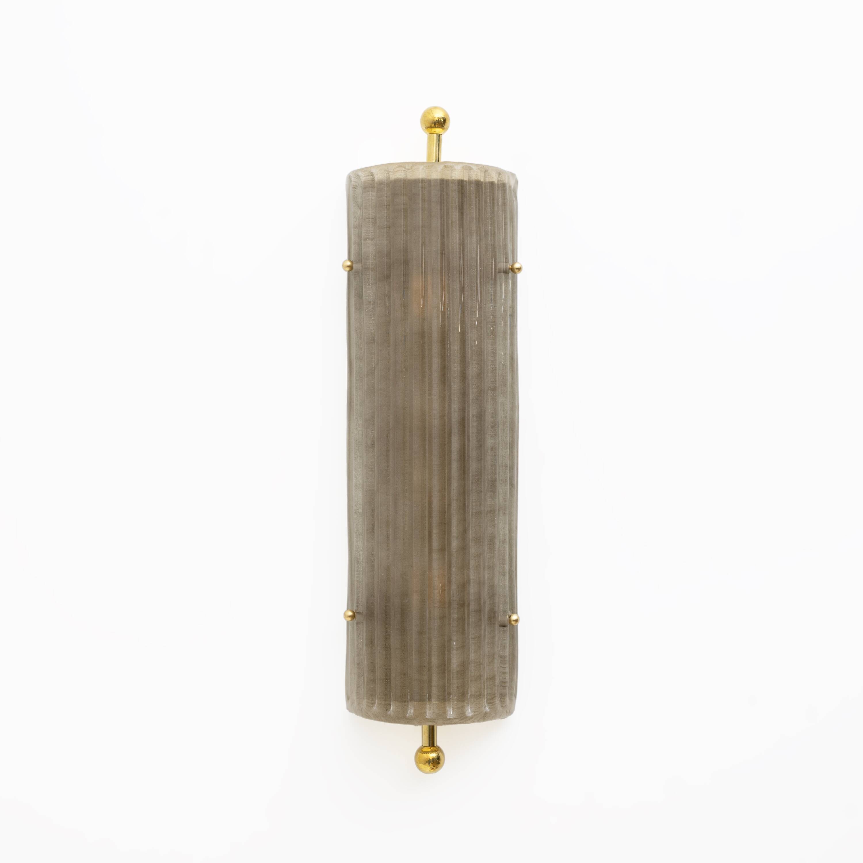 Pair of Art Deco Style Smoked Murano Glass and Brass Sconces