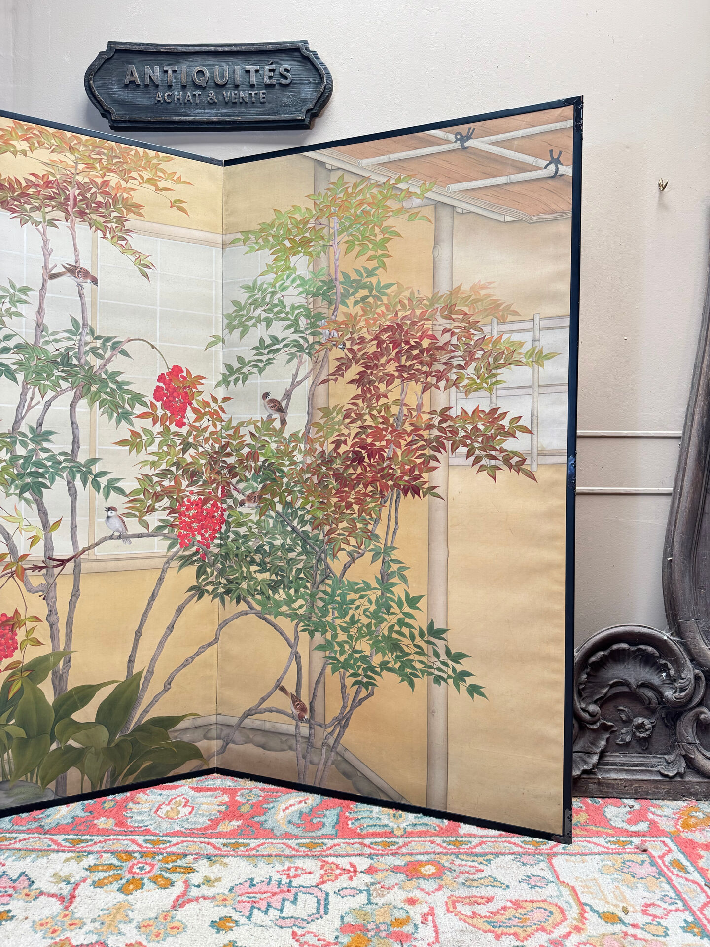 Two-panel screen with a decoration of plants and birds, Japan.