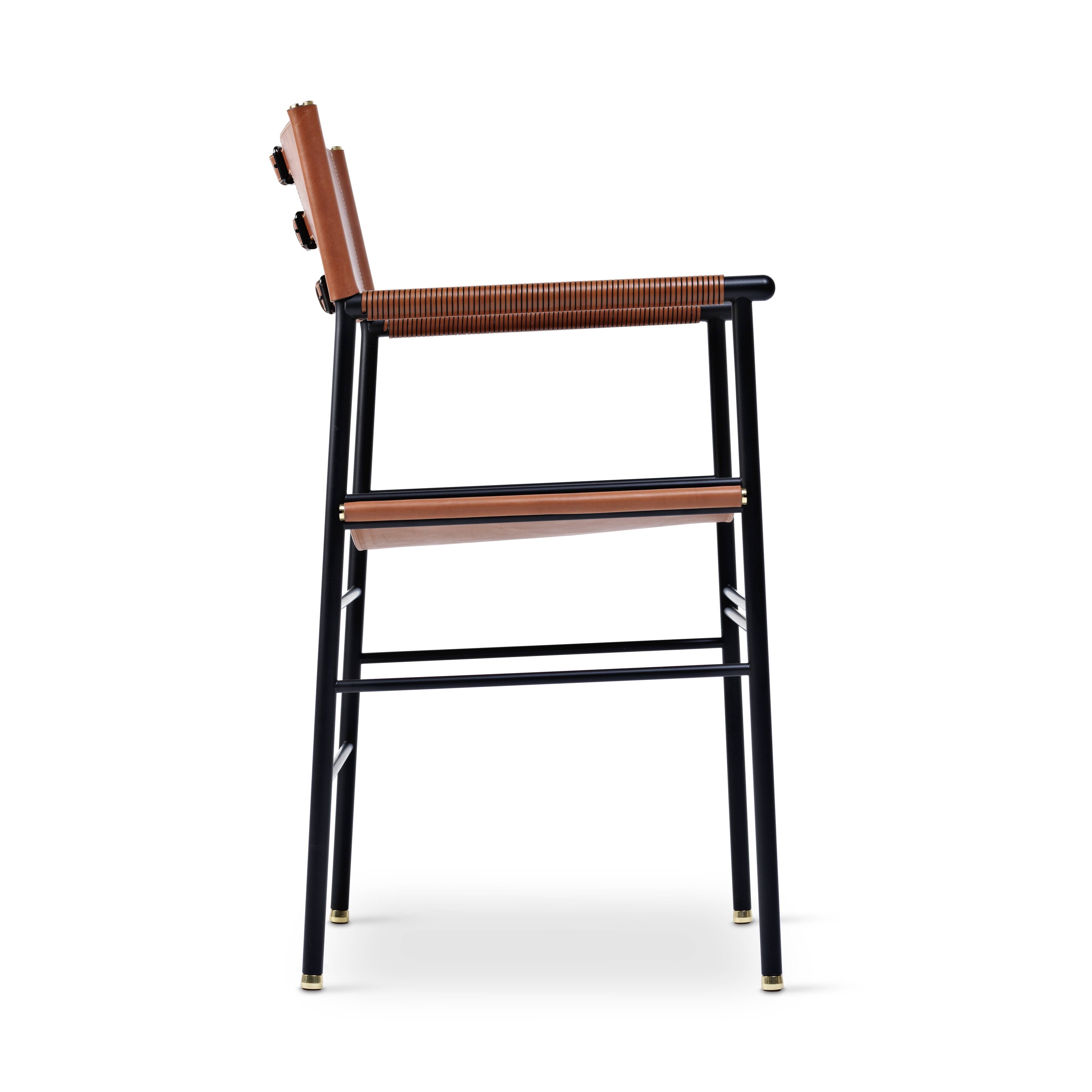 Set of 3 Counter Bar Stools with Backrest Natural Tan Saddle Black Rubber Metal