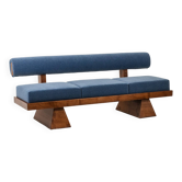 Three-seater bench in light ash and blue mohair velvet. Contemporary.