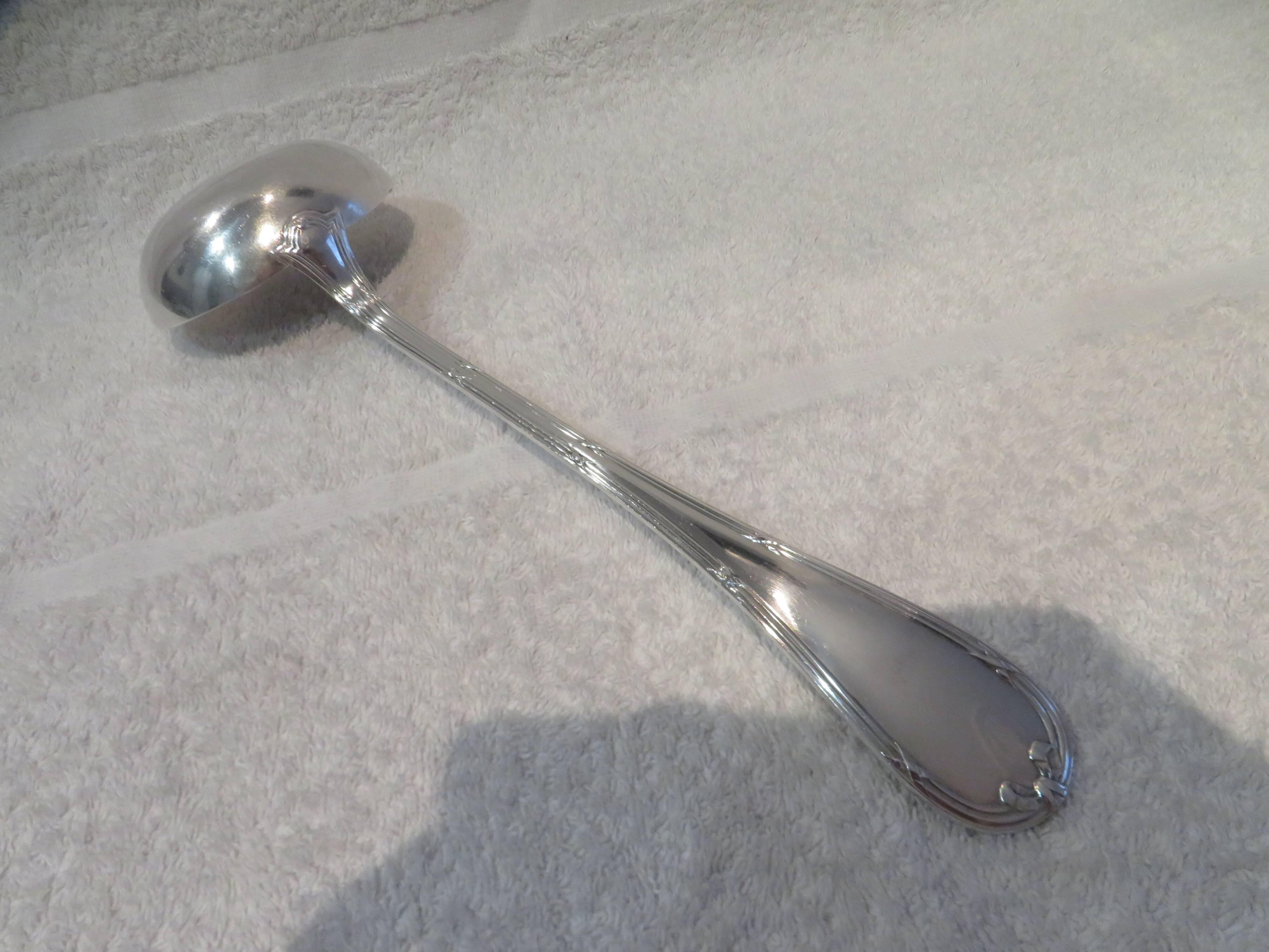 Christofle Rubans Louis XVI silver plated soup ladle, goldsmith, 32.8cm