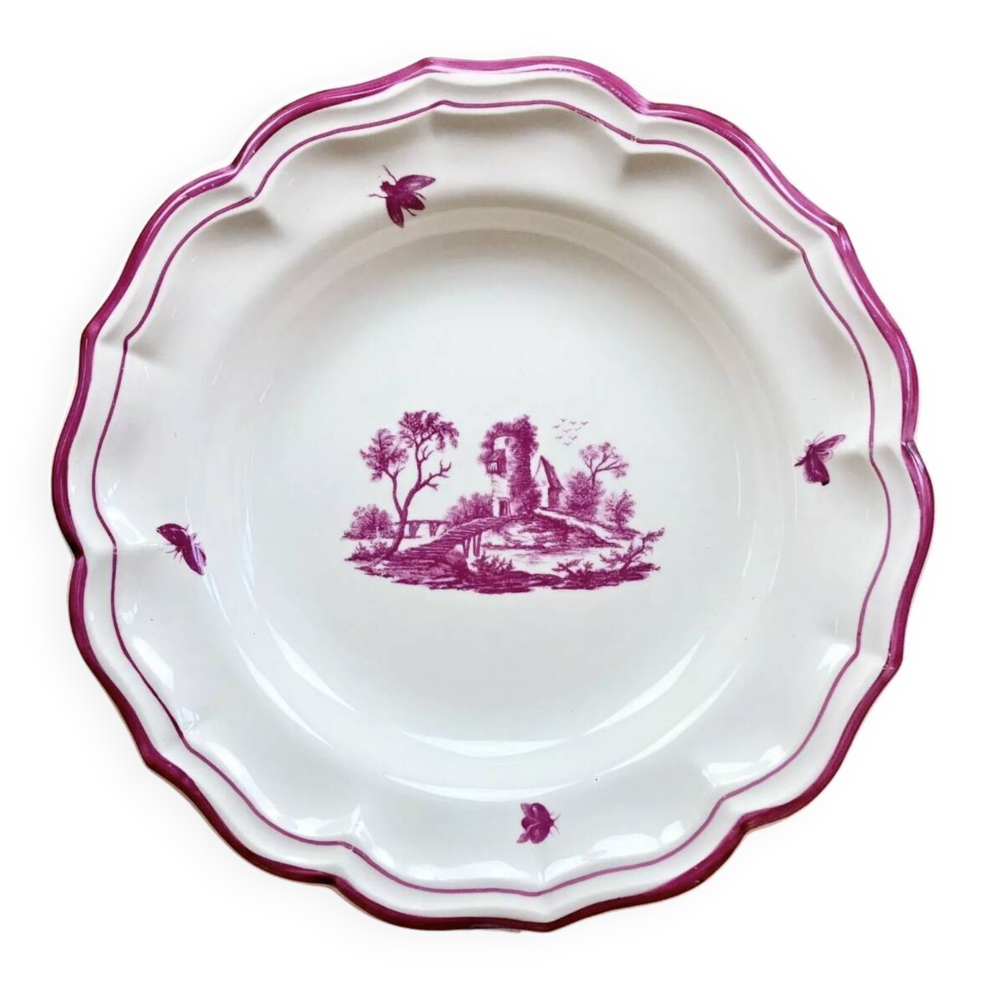 Old round hollow Gien dish, Pink Landscape model, 1938/1960