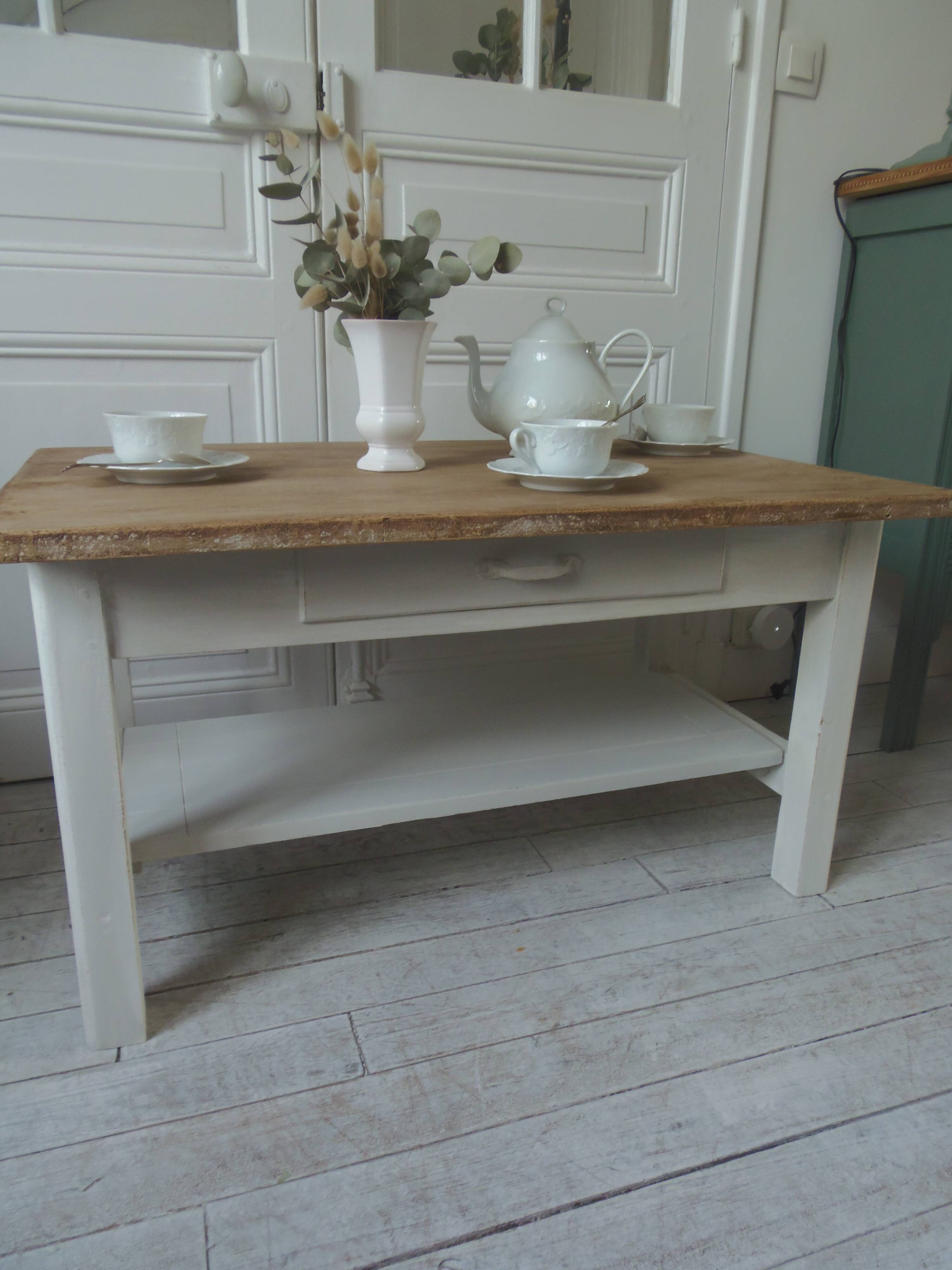 Coffee table made from a vintage table, pearl gray patina, wooden top.