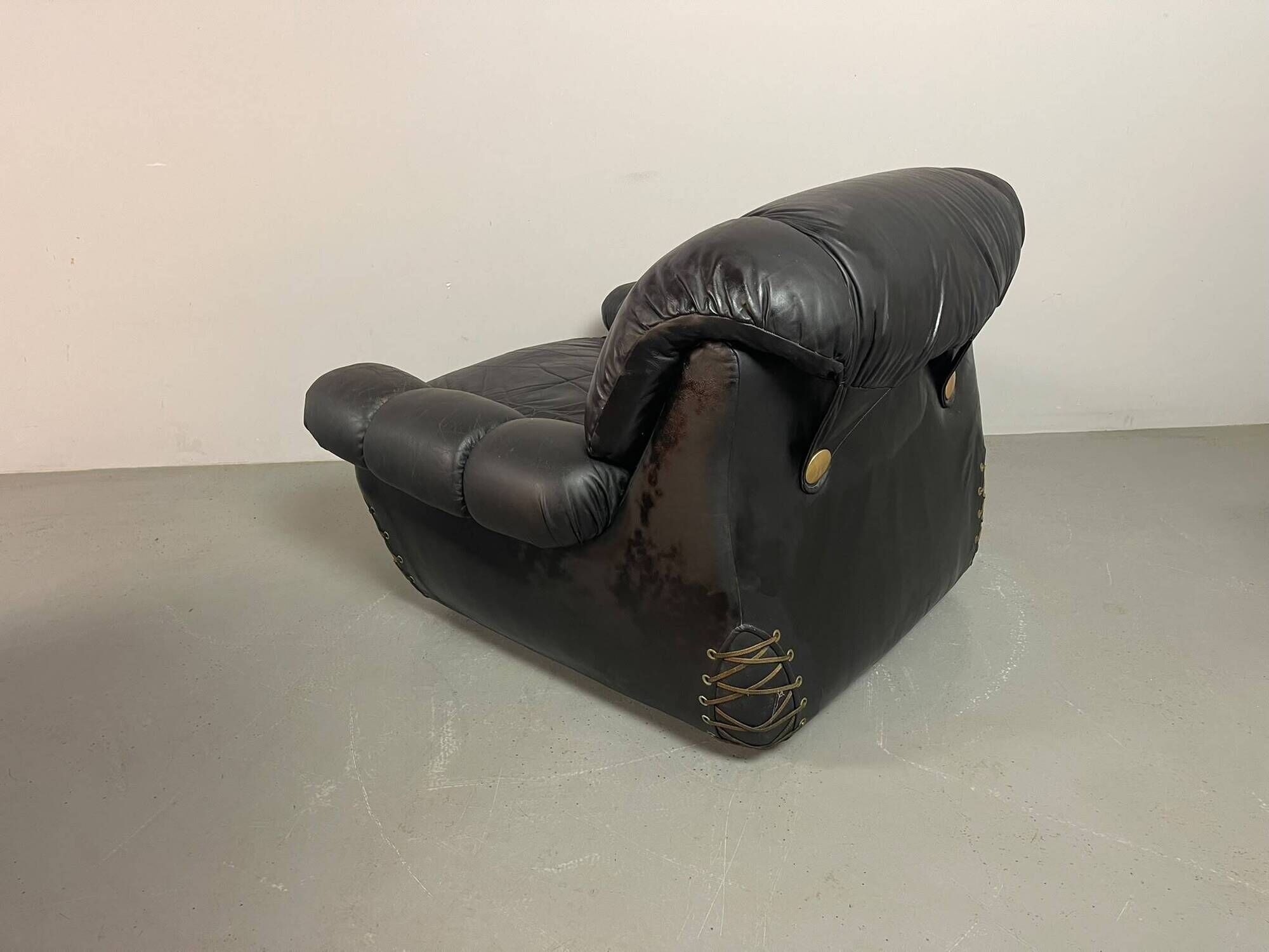 Large Set of Italian Space Age Black Leather Lounge Chairs with Brass