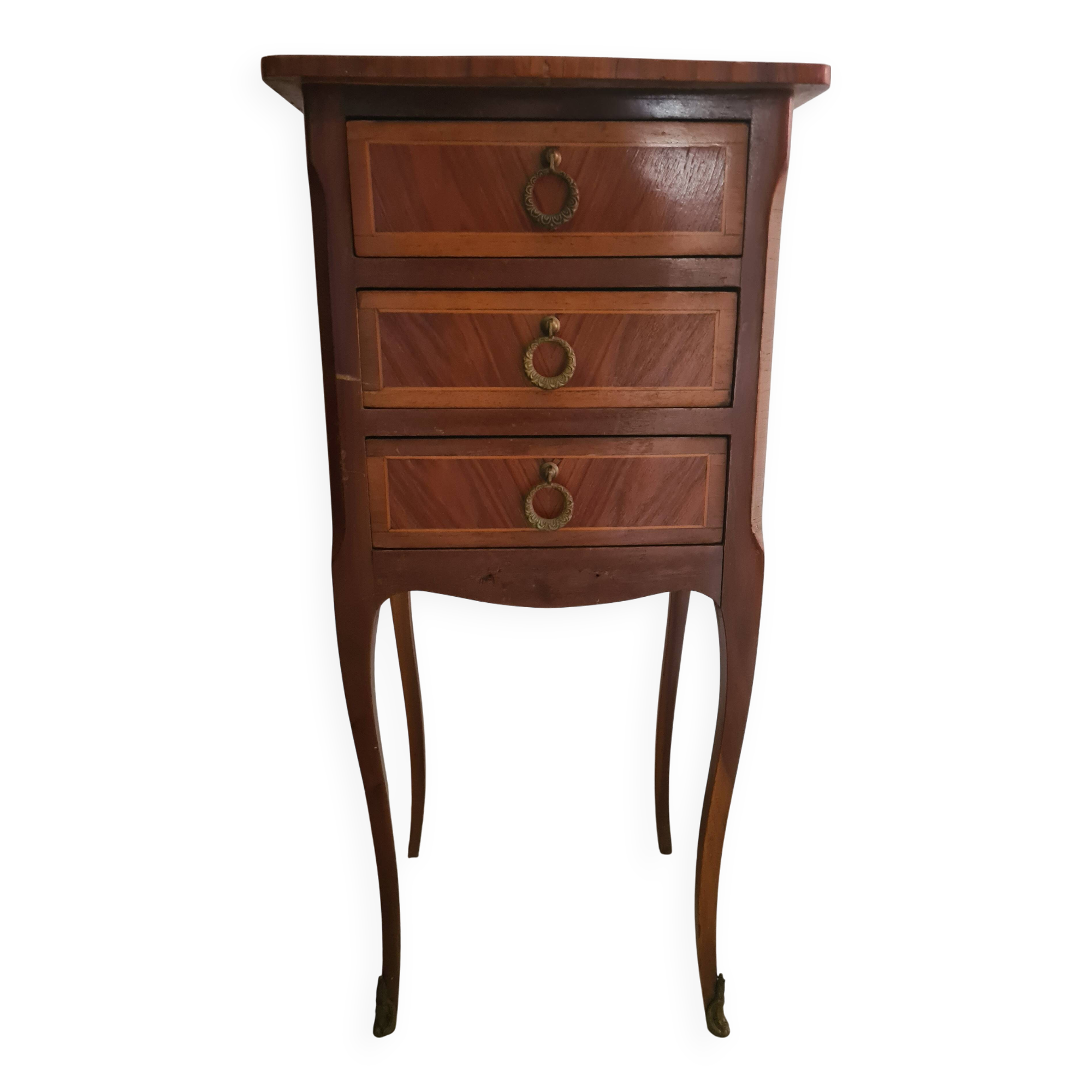 Vintage Italian Louis XV Style Side Table with 3 Drawers – Inlaid Wood & Br